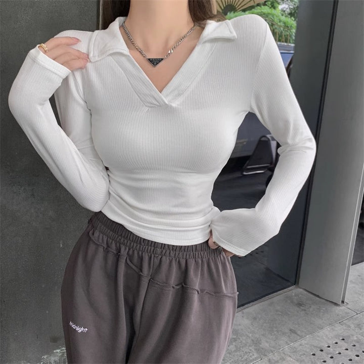 Damen Langarmshirt mit elegantem V-Ausschnitt und Rippstruktur Drune
