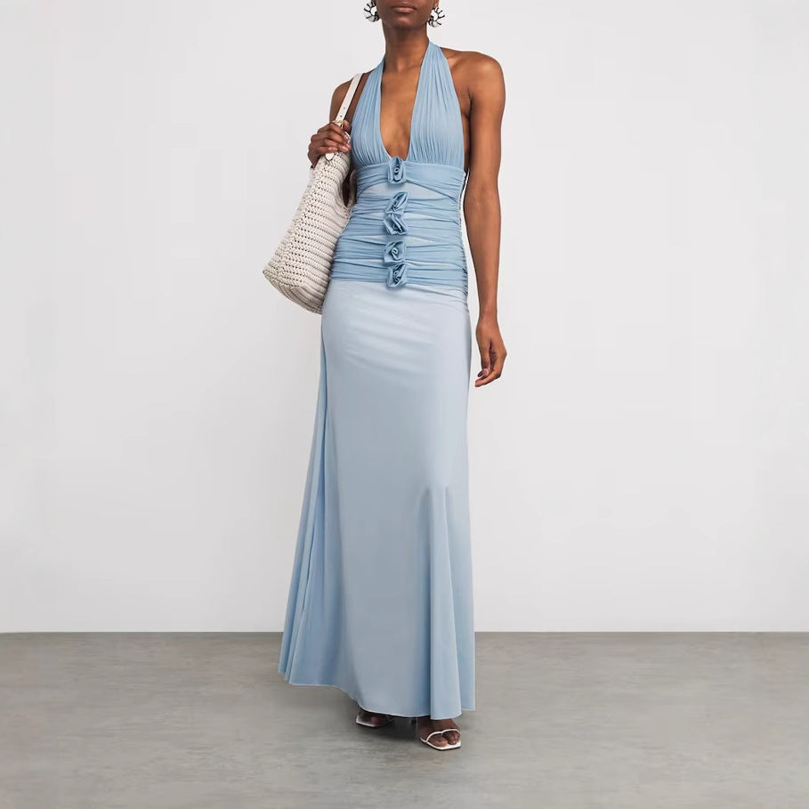 Damen Elegantes Maxikleid mit tiefem V-Ausschnitt und Wickeldetails Drune