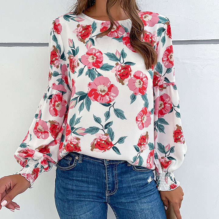 Damen elegante Bluse mit gefülltem Ärmel und floralem Muster Drune