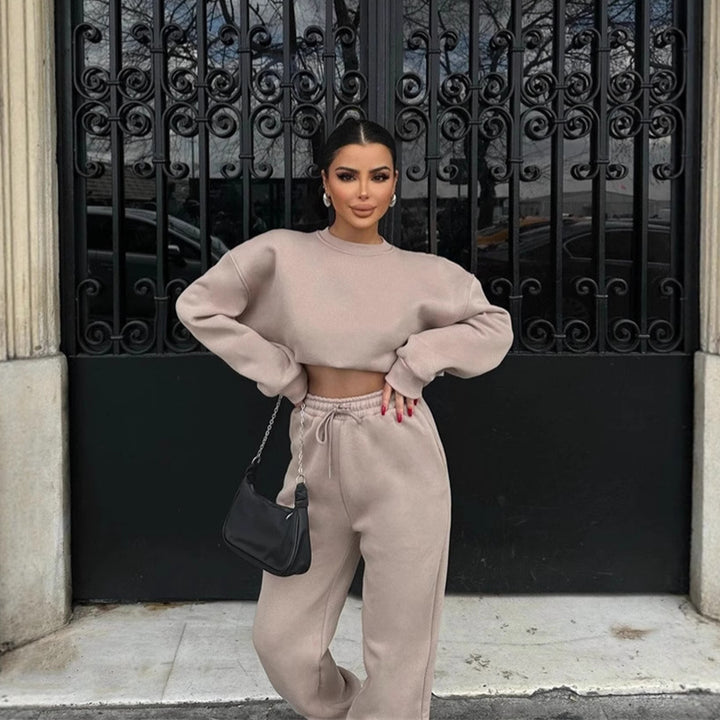 Damen elegantes und lässiges Zweiteiler-Set mit bequemem Cropped-Sweatshirt und weiten Jogginghosen Drune