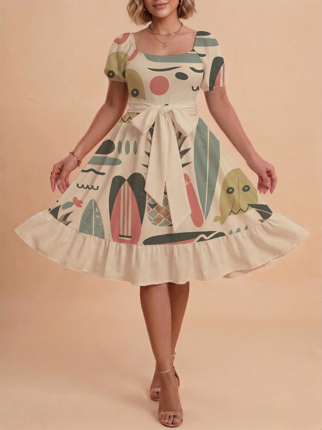 Damen A-Linien-Kleid mit floralen Motiven und taillierbarem Gürtel Drune