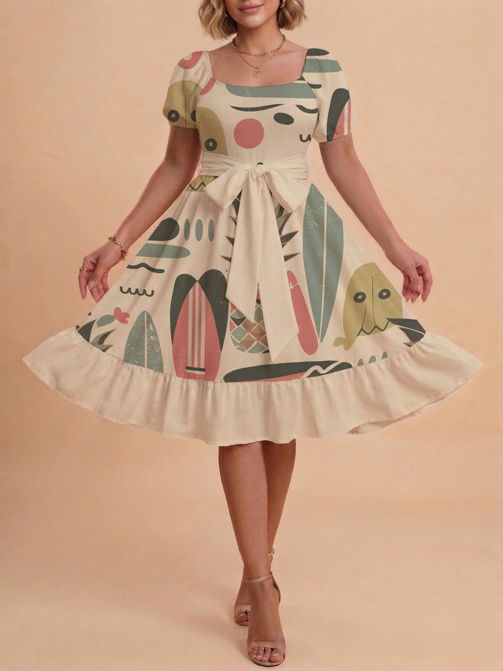Damen A-Linien-Kleid mit floralen Motiven und taillierbarem Gürtel Drune