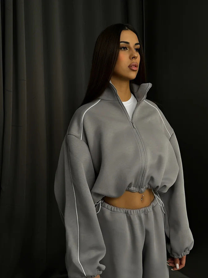 Damen sportliches Oversized Hoodie-Set mit hochschließendem Kragen und Gummizug Drune
