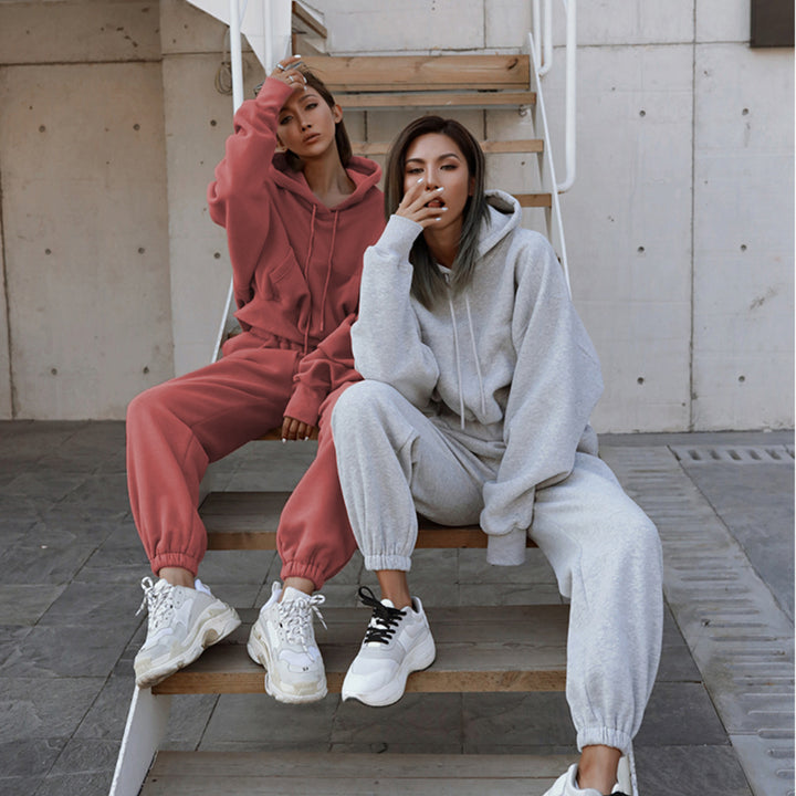 Damen nan kuscheliges kurzes Kapuzenpullover- und hochgeschnittene Jogginghose Set Drune