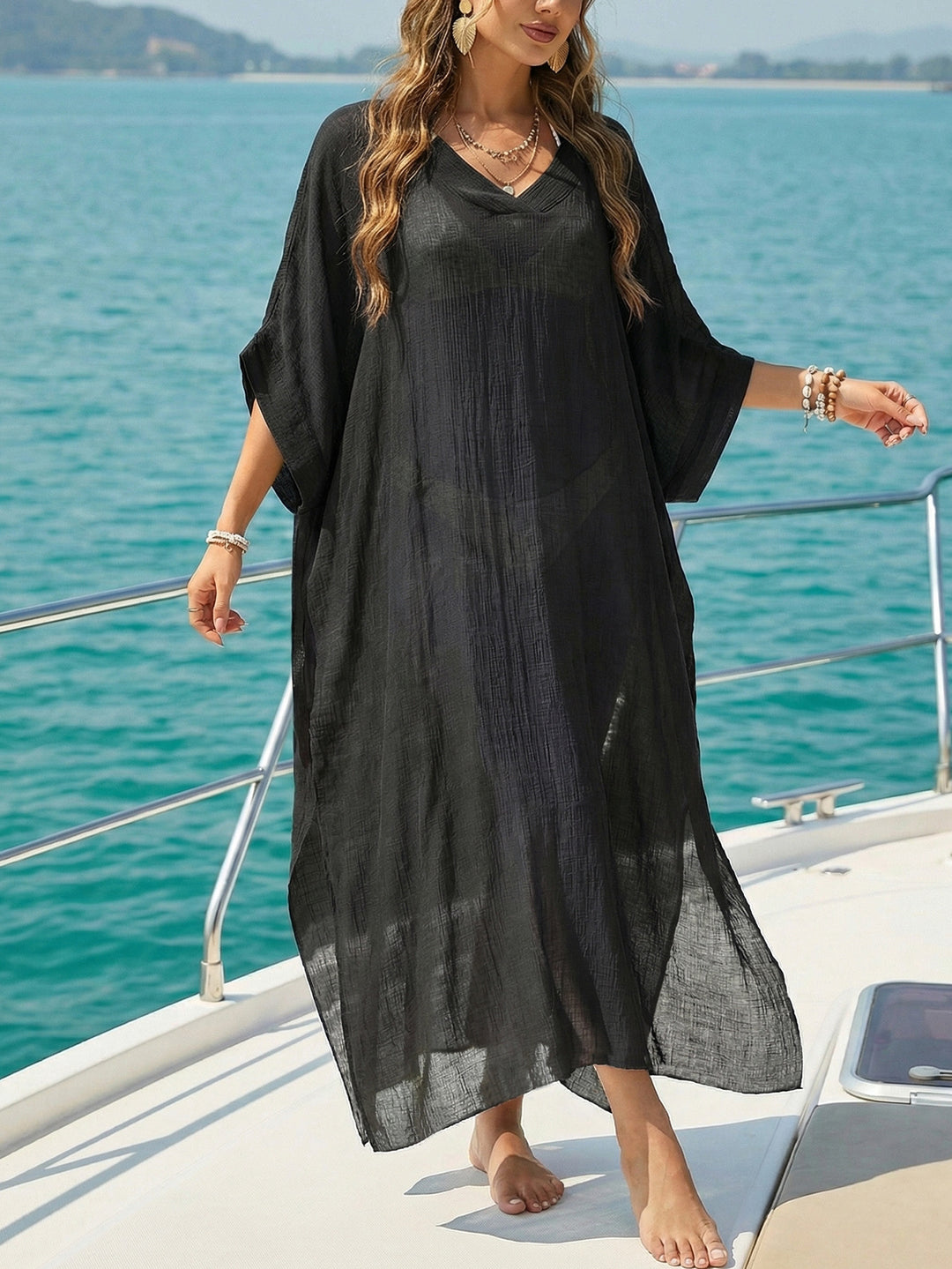 Damen luftiger Strandkaftan mit V-Ausschnitt Drune
