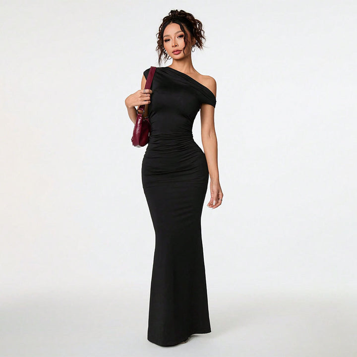 Damen Körperbetontes Wickelkleid mit schulterfreiem Design und eleganten Rüschendetails Drune