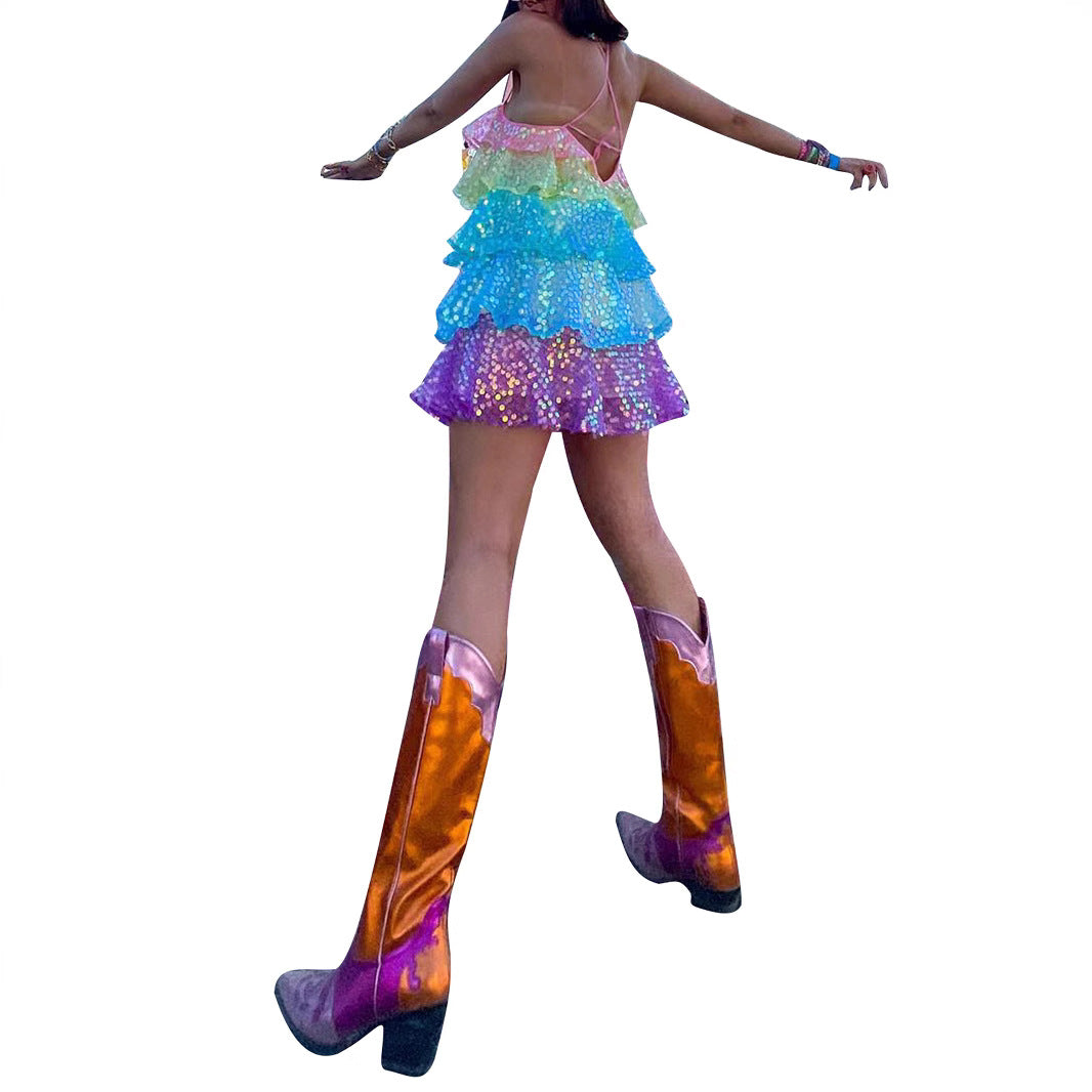 Damen luftiges Sommerkleid mit buntem Paillettenmuster Drune