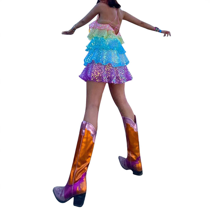 Damen luftiges Sommerkleid mit buntem Paillettenmuster Drune