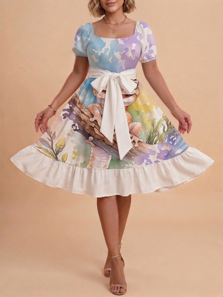 Damen Sommerliches Blumenkleid mit taillierbarem Gürtel und voluminösen Ärmeln Drune
