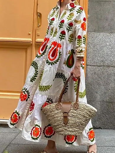 Damen Langarm-Teilkaro Kleid mit floralen Stickereien Drune