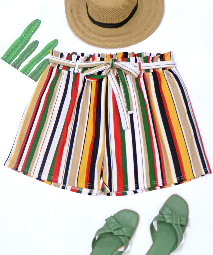Damen gestreifte Sommer-Shorts mit elastischem Bund und Taillenknotenschnur Drune