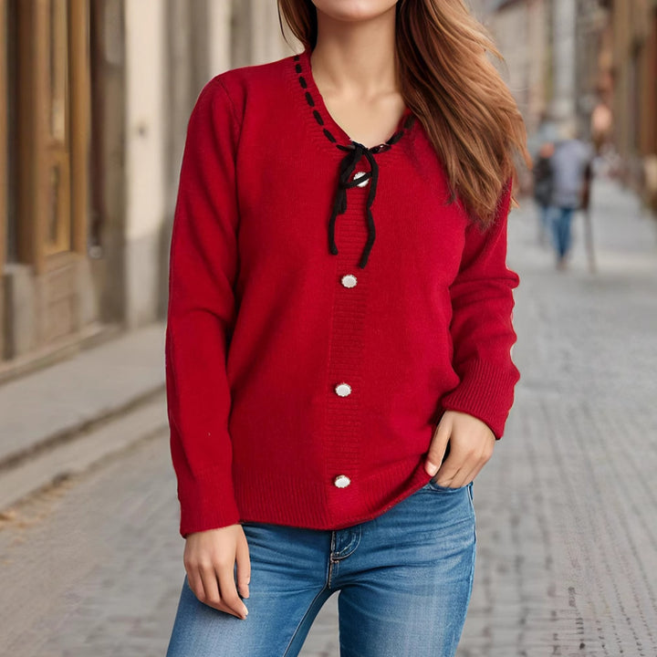 Damen modischer Strickpullover mit verspieltem Bindeband und dekorativen Knöpfen Drune
