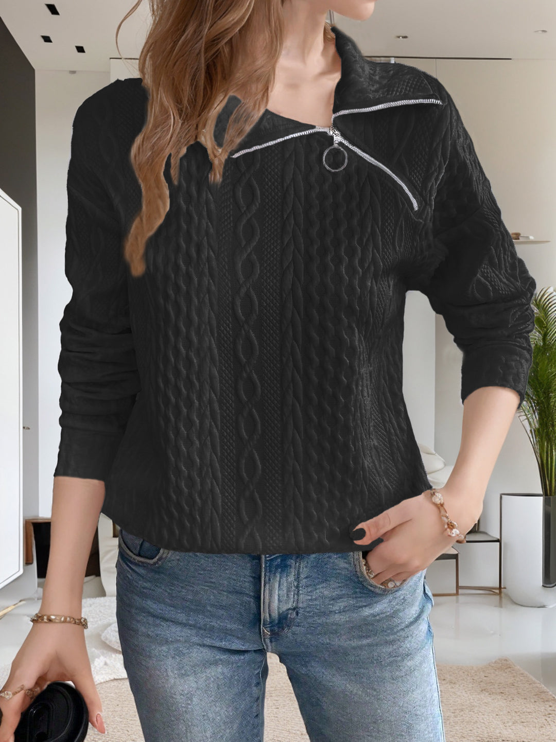 Damen legerer Strickpullover mit kurzem Reißverschluss und strukturierter Oberfläche Drune