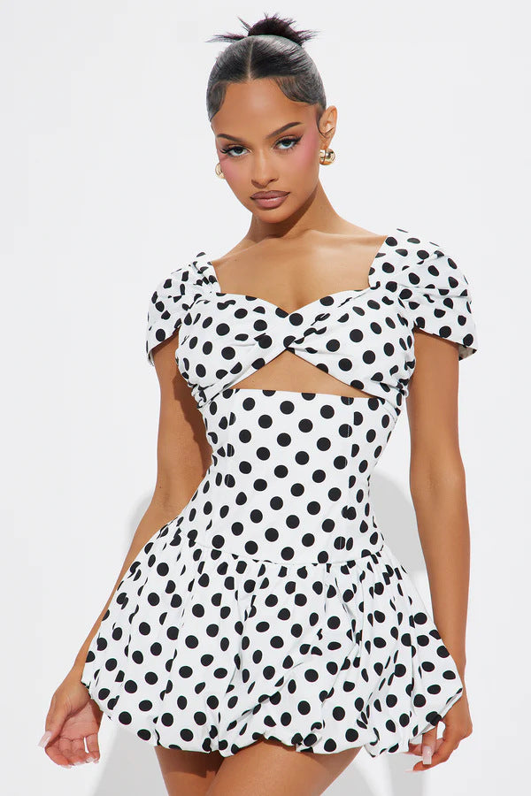 Damen Kurzärmeliges Cocktailkleid mit Puffärmeln und Freizeitausschnitt Drune