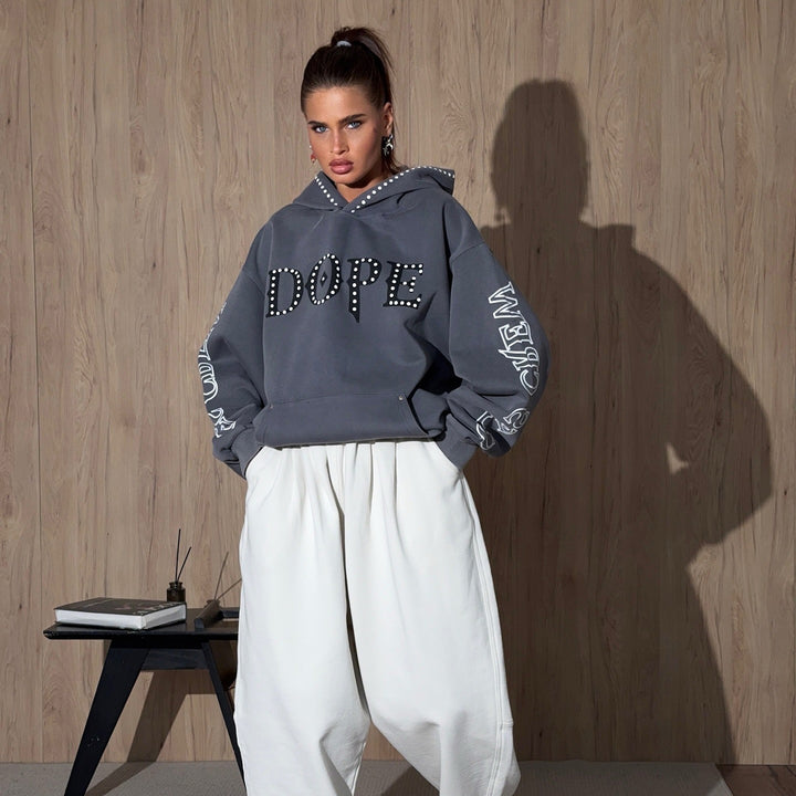 Damen Oversized Hoodie mit auffälliger Steine-Verzierung und kreativen Ärmeldrucken Drune