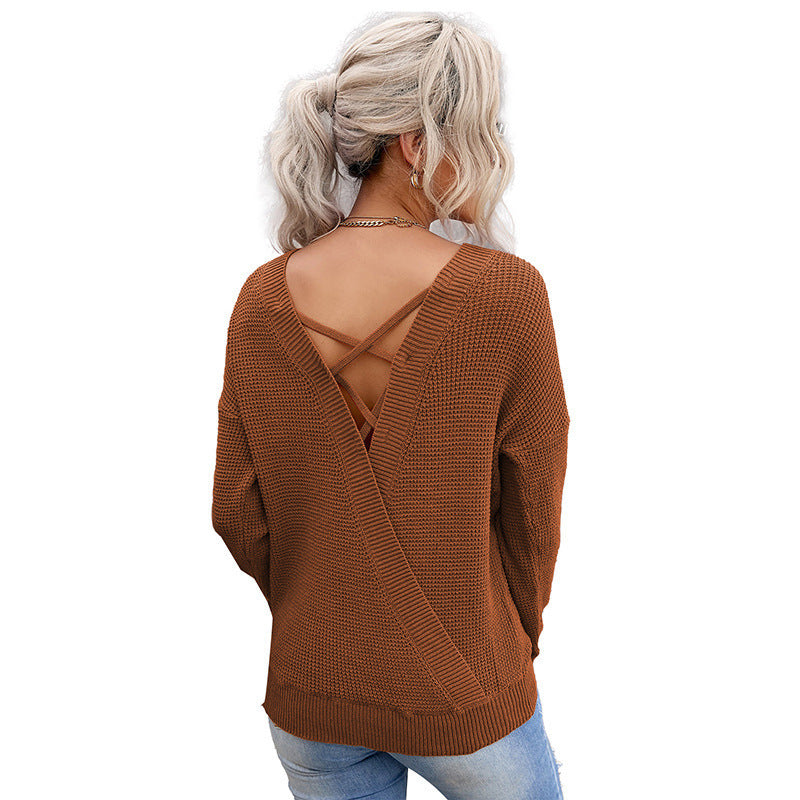 Damen lässiger Strickpullover mit offenem Rückendesign Drune