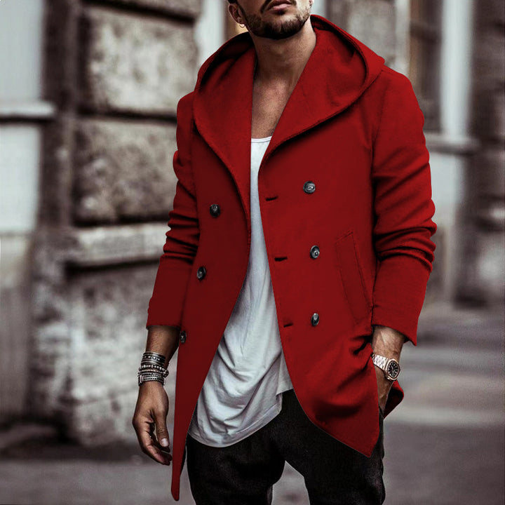 Herren stylischer Hoodie-Mantel mit doppelter Knopfreihe und weitem Kragen Drune
