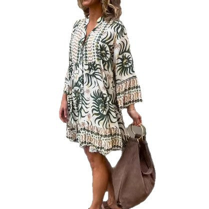 Damen nan locker geschnittenes Boho-Tunikakleid mit V-Ausschnitt geraffter Empire-Naht und Volant-Saum Drune