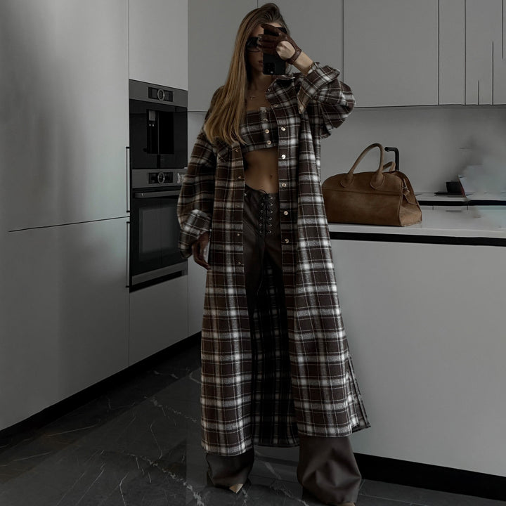 Damen Langes Karo-Hemdkleid mit abnehmbaren Ärmeln Drune
