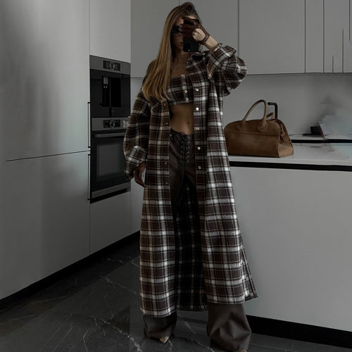 Damen Langes Karo-Hemdkleid mit abnehmbaren Ärmeln Drune