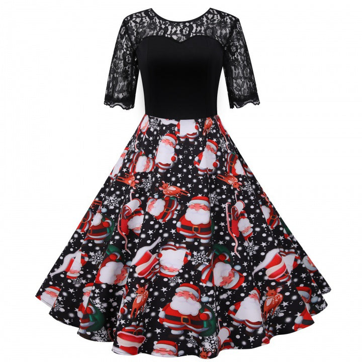 Damen Vintage Weihnachtskleid mit dekorativem Spitzenoberteil und Schwingrock Drune