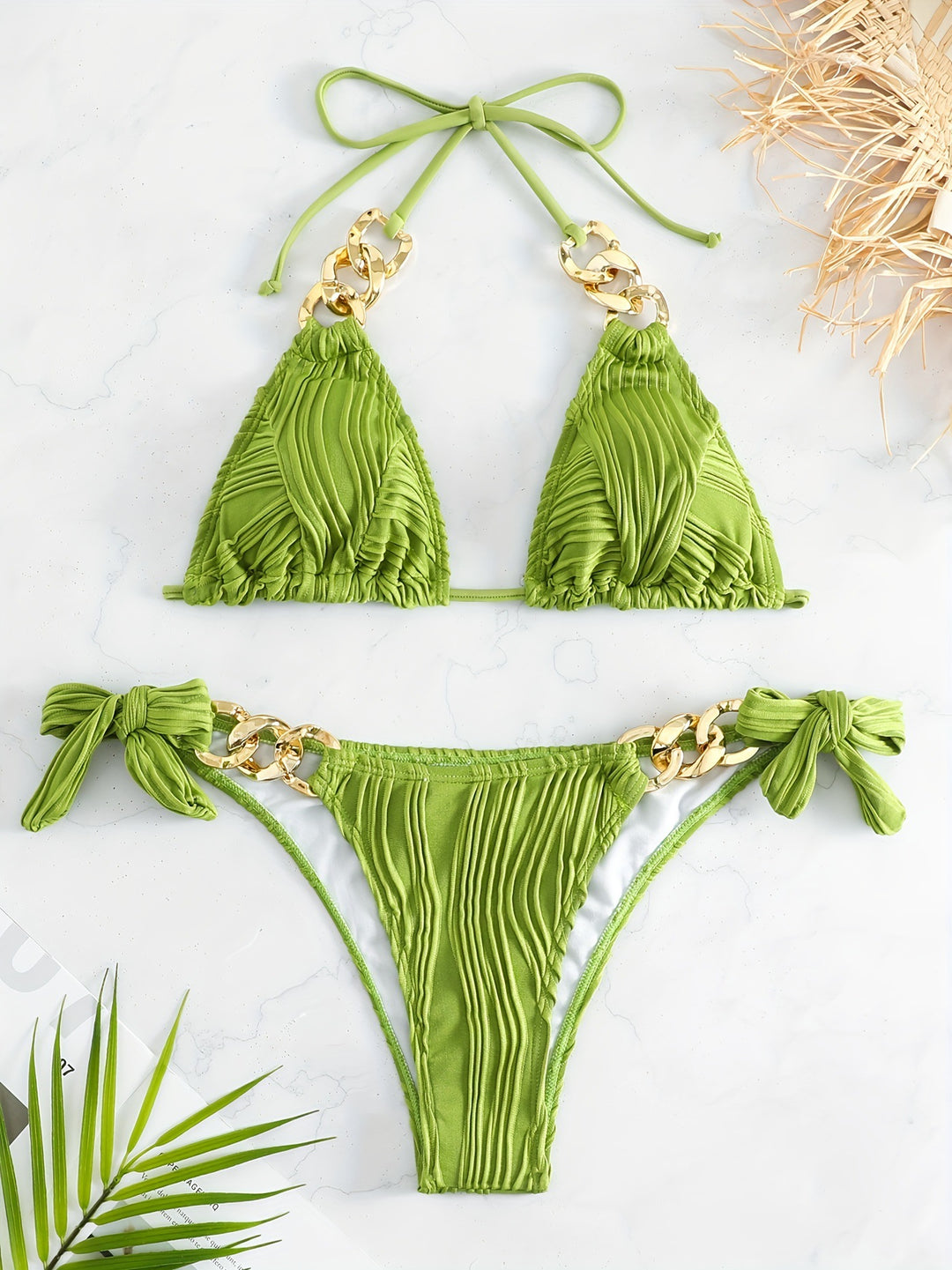 Damen Bikiniset mit luxuriösen Rüschen und goldenen Kettenakzenten Drune