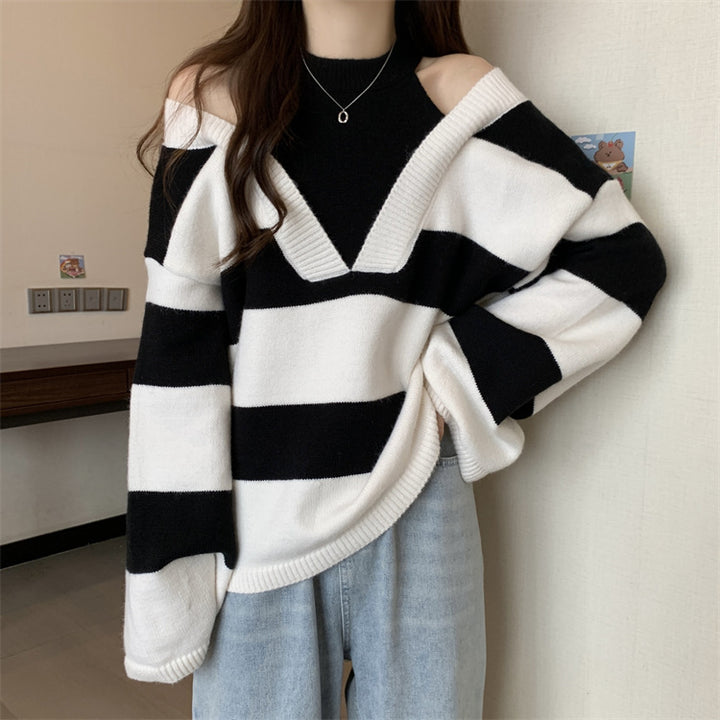 Damen V-Ausschnitt Oversized-Pullover mit modischem Streifenmuster und offenem Schulterdesign Drune
