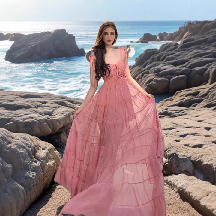 Damen Maxikleid mit rüschendem Design und schulterfreien Trägern Drune