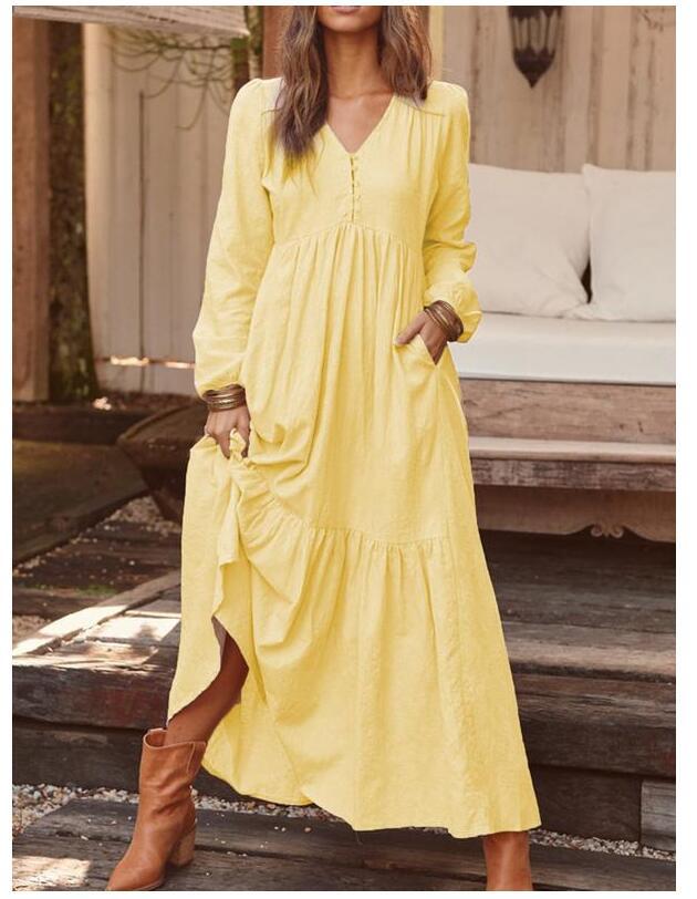 Damen nan luftiges Maxikleid mit V-Ausschnitt, Langarm und Eingrifftaschen Drune