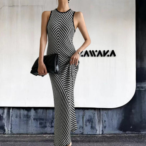 Damen Langarm-Hängerchenkleid mit raffiniertem Zickzack-Muster Drune