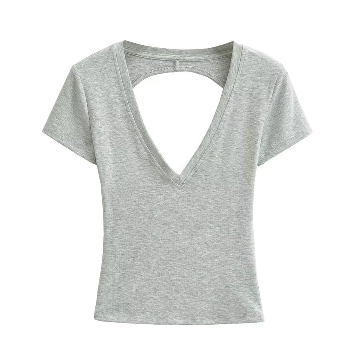 Damen modisches V-Ausschnitt T-Shirt mit offenem Rücken Drune
