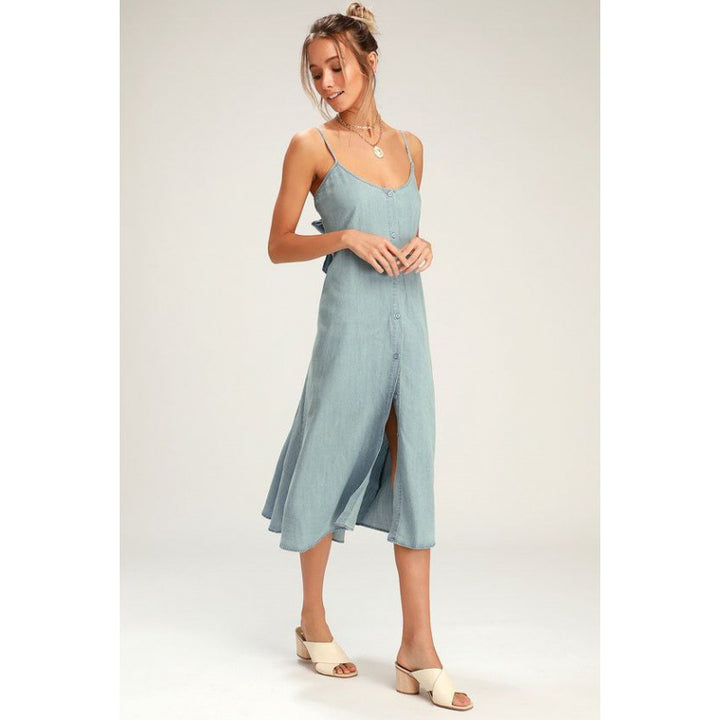 Damen lässiges Midi-Kleid mit Knopfleiste und Spagettiträgern Drune
