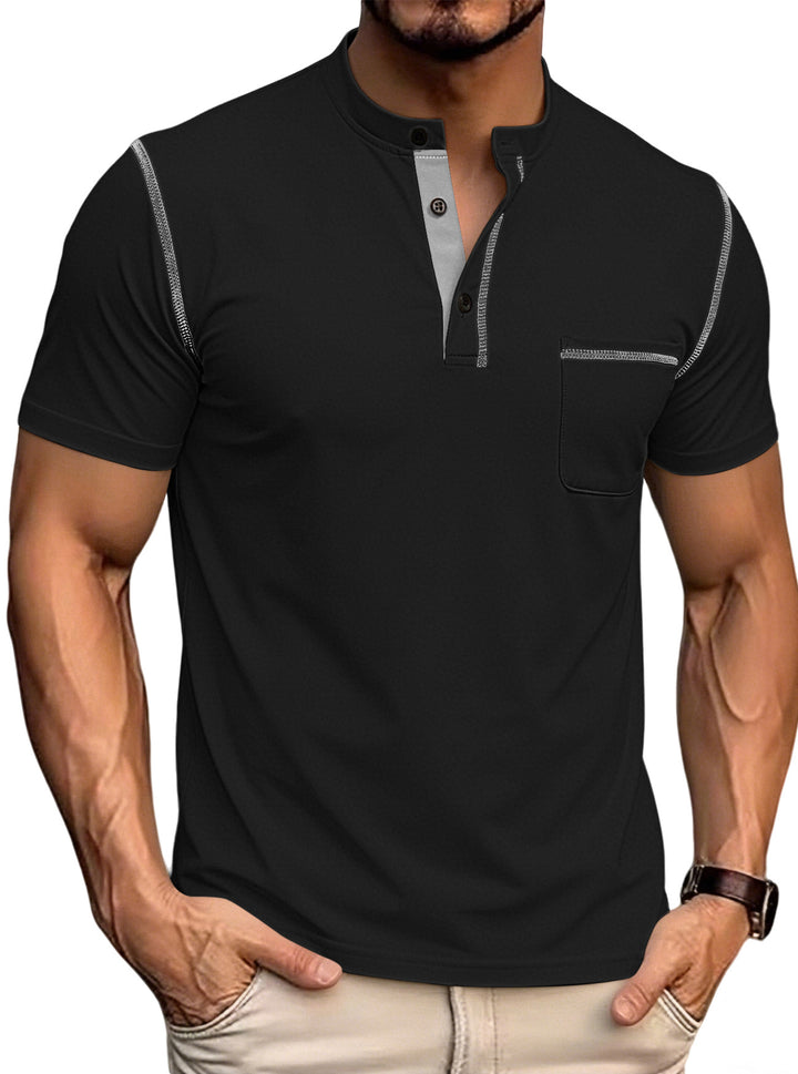 Herren nan kurzärmeliges Henley-Shirt mit Stehkragen, Brusttasche und kontrastierenden Ziernähten Drune