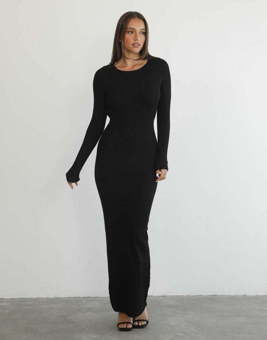 Damen figurbetontes Maxikleid aus hochwertigem Rippstrickstoff mit tiefem Ausschnitt Drune