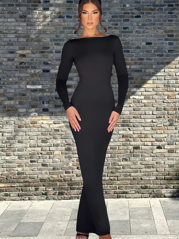 Damen Langarm-Maxikleid mit figurbetonter Silhouette und elegantem Ausschnitt Drune