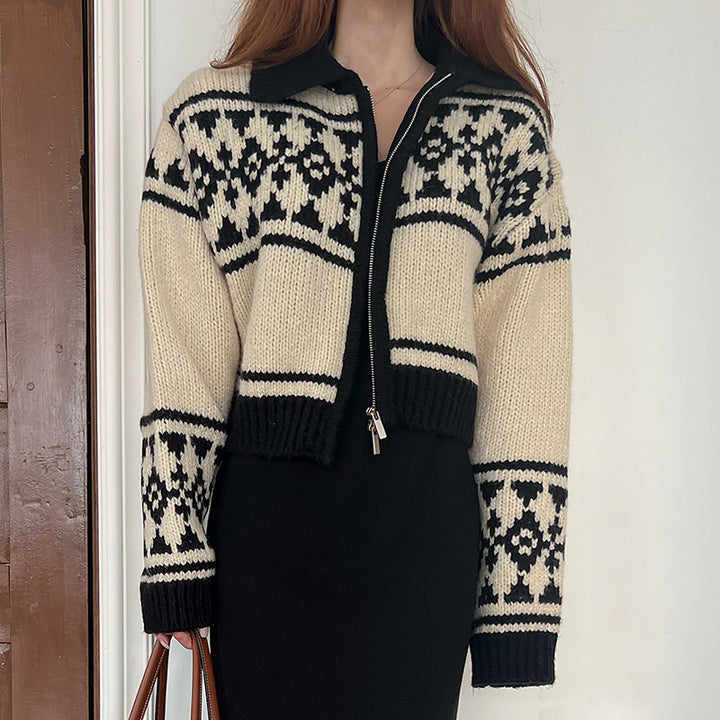 Damen Strickjacke mit floralem Muster und komfortablem Stehkragen Drune