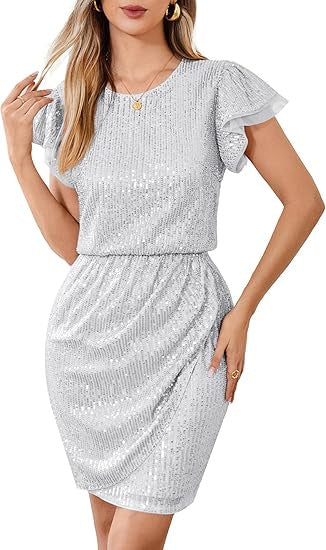 Damen Pailletten Cocktailkleid mit voluminösen Rüschenärmeln Drune
