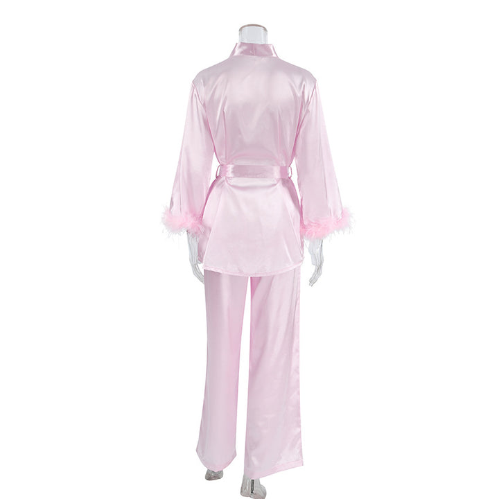 Damen elegantes Satin-Pyjama-Set mit modischen Federdetails Drune