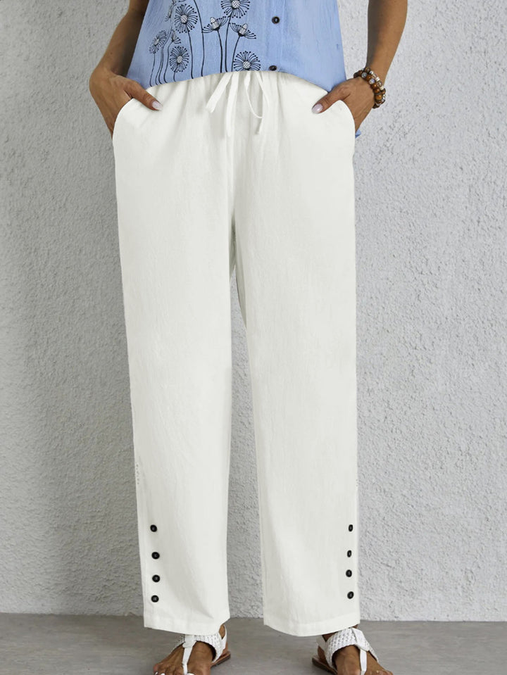 Damen weite Sommerhose mit elastischem Taillenbund und seitlichen Knopfdetails Drune