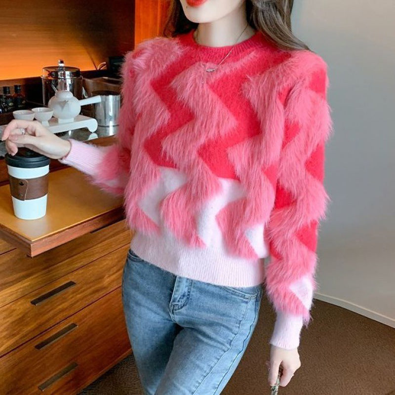 Damen Flauschiger Pullover mit geometrischem Muster und weitem Schnitt Drune