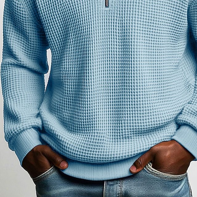 Herren nan strukturierter Waffelstrick-Pullover mit Polokragen und kurzem Reißverschluss Drune