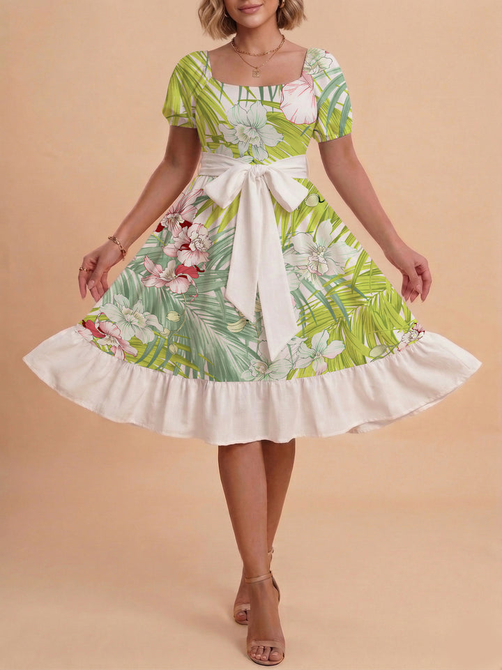 Damen A-Linien-Kleid mit floralen Motiven und taillierbarem Gürtel Drune