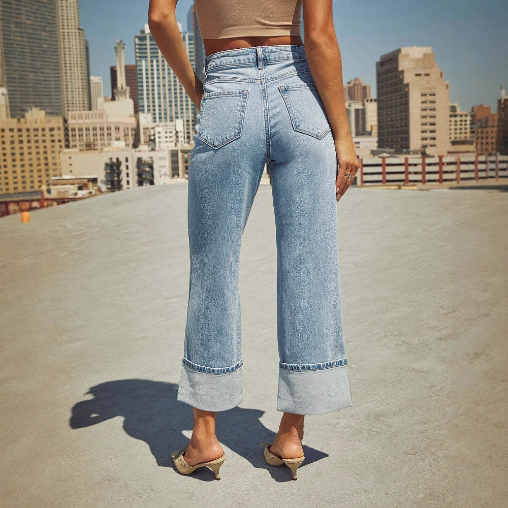 Damen nan hochgeschnittene Culotte-Jeans mit breitem Umschlag und geradem Bein Drune