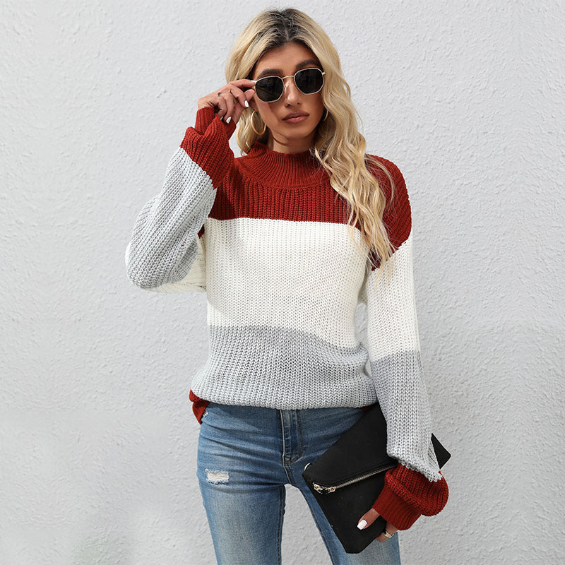 Damen Strickpullover mit hohem Kragen und modernen Blockstreifen Drune