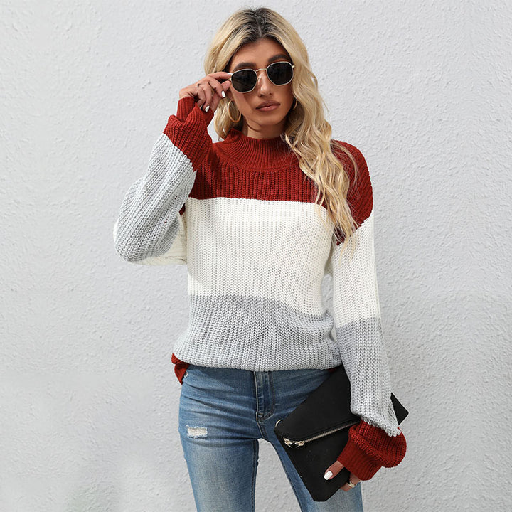 Damen Strickpullover mit hohem Kragen und modernen Blockstreifen Drune