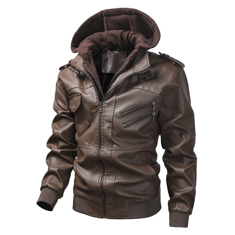 Herren Kunstlederjacke mit abnehmbarer Kapuze und Multifunktions-Taschen Drune