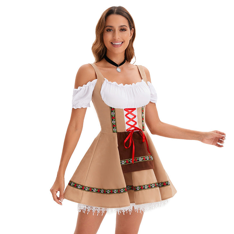 Damen nan traditionelles Oktoberfest Dirndl Minikleid mit Schnürung und abnehmbarer Schürze Drune