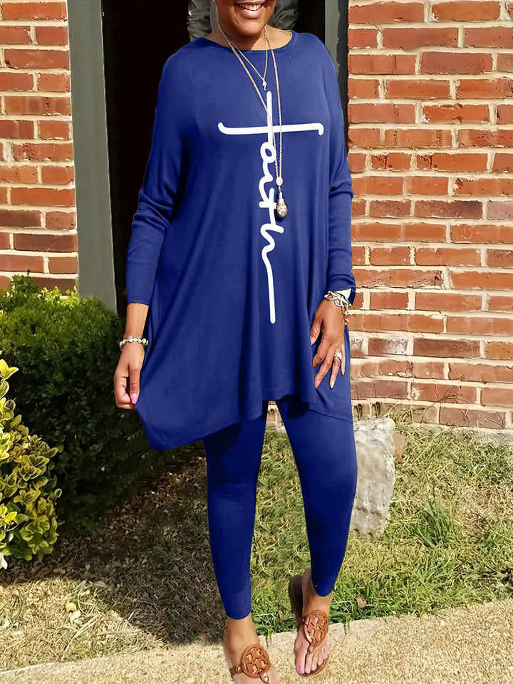 Damen Leggings- und Tunika-Set mit asymmetrischem Schnitt und motivierenden Prints Drune