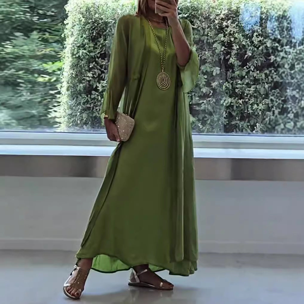 Damen nan doppellagiges Abendmaxikleid mit transparentem Überwurf, geschmeidigem Innenkleid, Taillenbändern und Trompetenärmeln Drune