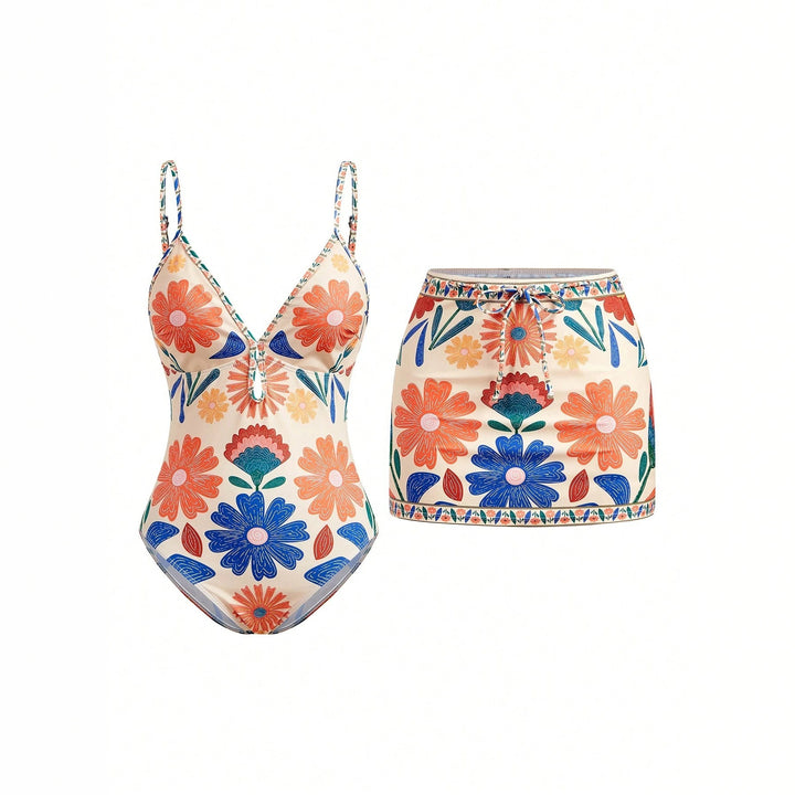 Damen Blumenmuster Badeanzug mit passendem Rock Drune